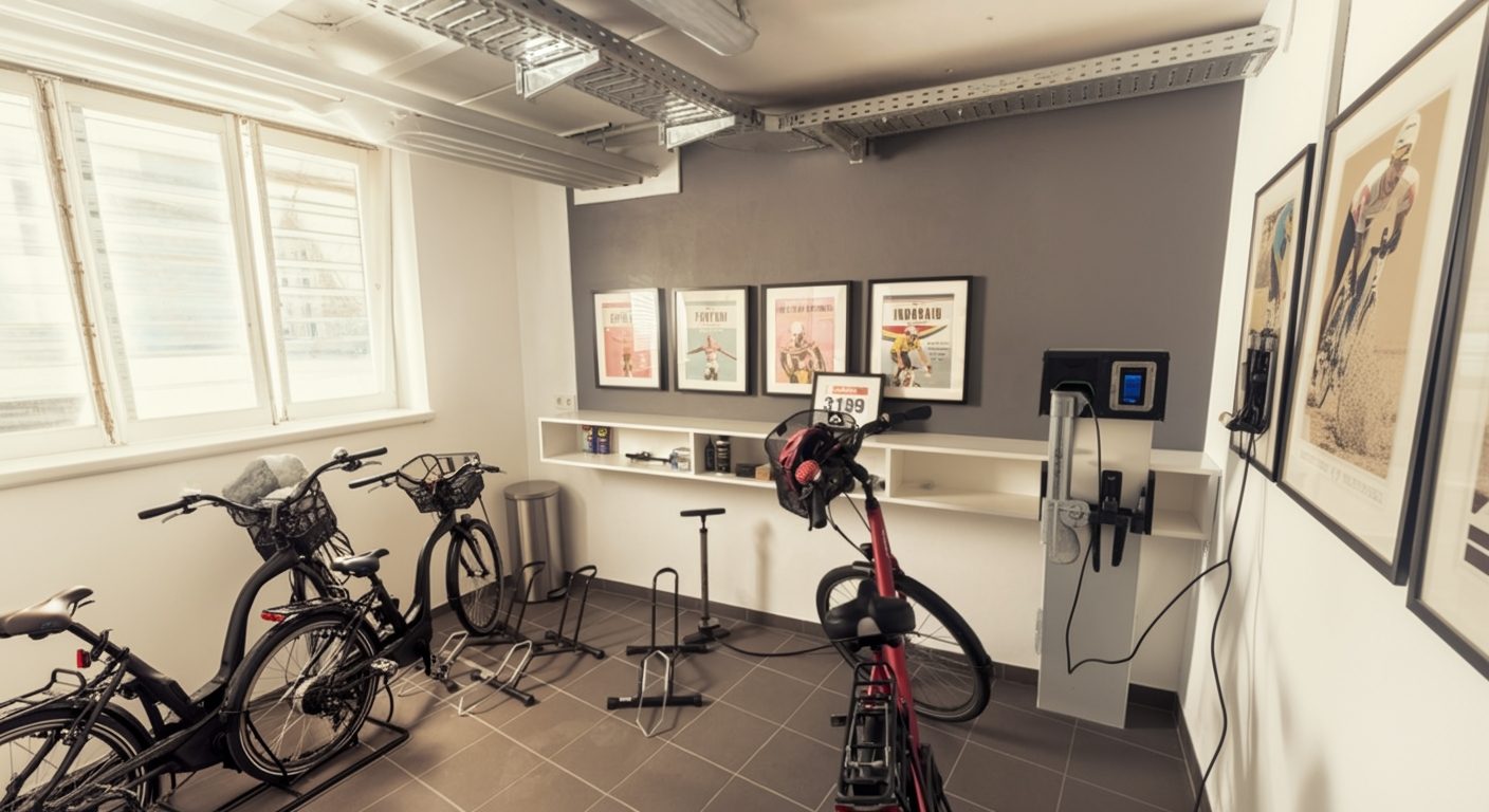 Bike room with e-bikes, charging station and tools