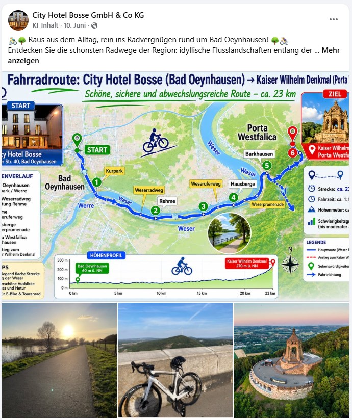 Facebook post: cycle route from the Cityhotel Bosse to the Kaiser Wilhelm Monument, approx. 23 km
